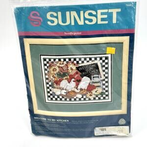 SUNSET Farm Needlepoint Kit~Chickens~Flowers~Farmhouse Kitchen~12089~Vtg 1993